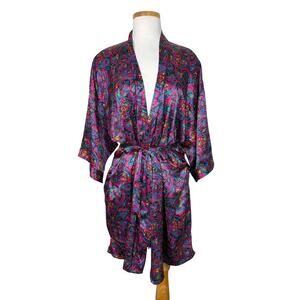 Vintage Paisley Kimono Robe Belted Satin 80s Lounge Wear Womens Size Large